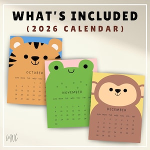 Puede incluir: Tres calendarios de 2026 con ilustraciones de animales: un tigre para octubre, una rana para noviembre y un mono para diciembre. Cada calendario muestra el nombre del mes y los d&iacute;as. Dise&ntilde;o colorido y l&uacute;dico.