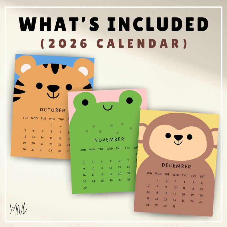 Puede incluir: Tres calendarios de 2026 con ilustraciones de animales: un tigre para octubre, una rana para noviembre y un mono para diciembre. Cada calendario muestra el nombre del mes y los d&iacute;as. Dise&ntilde;o colorido y l&uacute;dico.