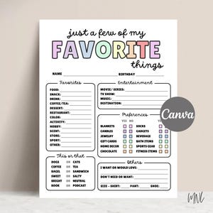 Puede incluir: Una hoja de trabajo imprimible titulada "just a few of my FAVORITE things" con secciones para favoritos, entretenimiento y preferencias. El texto está en una fuente lúdica con colores pastel. Incluye un logotipo de Canva.