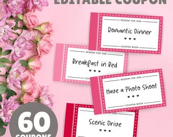 Love Coupons for Valentines Day Gift, Anniversary Gift for Him, Gift For Her, Love Coupon Book, Printable Coupons, Editable Coupons in Canva
