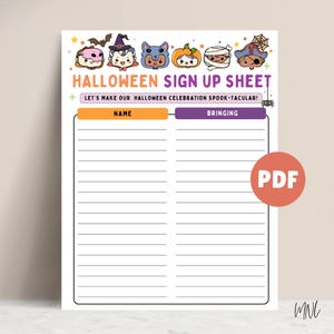 Może przedstawiać: Biały arkusz zapisów na Halloween z postaciami z kreskówek, w tym wampirem, wilkołakiem, dynią, mumią i piratem. Tekst brzmi HALLOWEEN SIGN UP SHEET oraz LET'S MAKE OUR HALLOWEEN CELEBRATION SPOOK-TACULAR! z kolumnami na imię i przynoszone rzeczy.