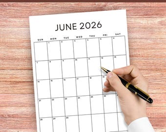 Calendario 2026 imprimible en formato vertical, plantilla de calendario editable en Canva, planificador minimalista 2026, calendario mensual vertical.