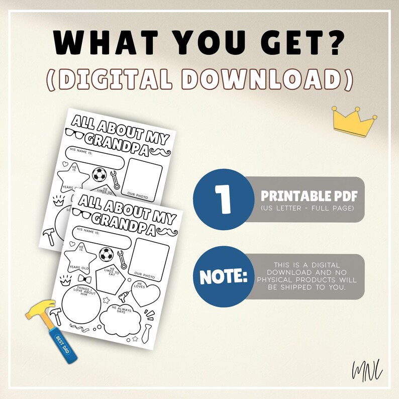 Puede incluir: Hoja de actividad imprimible "Todo sobre mi abuelo", una descarga digital en formato PDF. La hoja presenta una ilustraci&oacute;n en blanco y negro de un abuelo con bigote, gafas y corbata. Hay espacios para que los ni&ntilde;os rellenen informaci&oacute;n sobre su abuelo, como su nombre, edad, cosas favoritas y una foto.