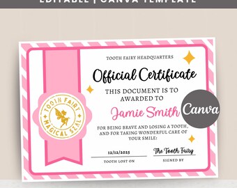 Certificado da Fada do Dente para Dente Perdido, Rosa, Certificado Editável para Menina, Modelo Personalizável do Canva, Download Digital, Imprimível