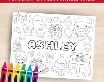 Christmas Coloring Placemat with Personalized Name, Christmas Printable Placemat for Kids Christmas Activity, Kids Placemat Coloring Page
