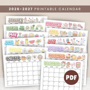 Puede incluir: Un conjunto de calendario imprimible 2026-2027 con doce páginas mensuales con diseños de cuadrícula. Cada mes muestra ilustraciones coloridas dibujadas a mano de iconos estacionales, como fuegos artificiales, flores, calabazas y motivos festivos, junto con el texto 2026-2027 PRINTABLE CALENDAR y un icono de PDF.