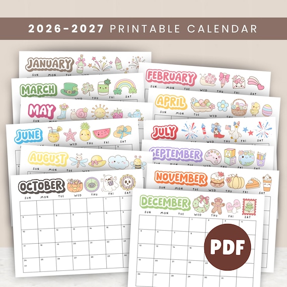 Printable Calendar 2026-2027 for Kids Calendar, Cute Calendar, Homeschool Calendar, Printable Monthly Calendar Kids Ready to Print PDF