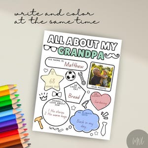 Puede incluir: Una p&aacute;gina para colorear imprimible con el t&iacute;tulo "Todo sobre mi abuelo". La p&aacute;gina incluye un espacio para una foto, un nombre, una edad, una comida favorita y cosas que el ni&ntilde;o ama de su abuelo. La p&aacute;gina est&aacute; decorada con varias ilustraciones.