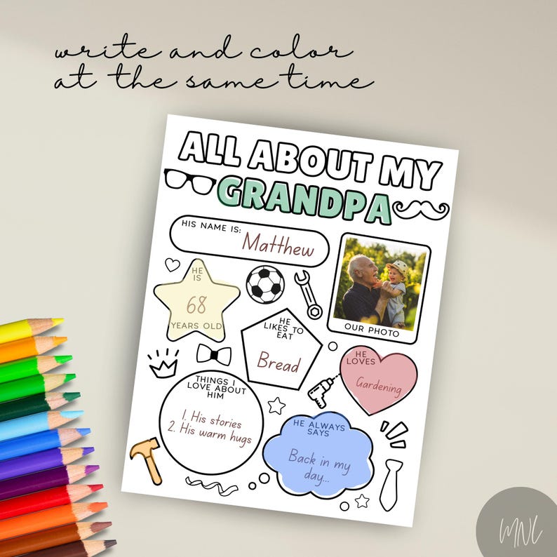 Puede incluir: Una p&aacute;gina para colorear imprimible con el t&iacute;tulo "Todo sobre mi abuelo". La p&aacute;gina incluye un espacio para una foto, un nombre, una edad, una comida favorita y cosas que el ni&ntilde;o ama de su abuelo. La p&aacute;gina est&aacute; decorada con varias ilustraciones.