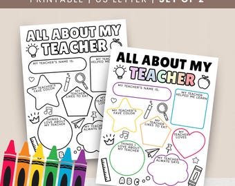 All About My Teacher Printable for Teacher Appreciation Week, Teacher Thank You Gift, Teacher Survey for Teacher’s Day Coloring Page, PDF