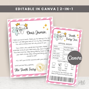 May include: Two pink and white Tooth Fairy cards. One is a letter to Jamie, the other is an official receipt. Both cards feature a cartoon tooth character with a crown and wand. The letter includes text about losing a tooth and brushing teeth.