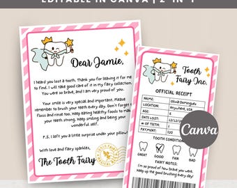 Kit da Fada do Dente - Conjunto de 2 Modelos Editáveis: Carta da Fada do Dente e Recibo de Dente Perdido, Fada do Dente Editável para Menina, Rosa, Modelo para Canva