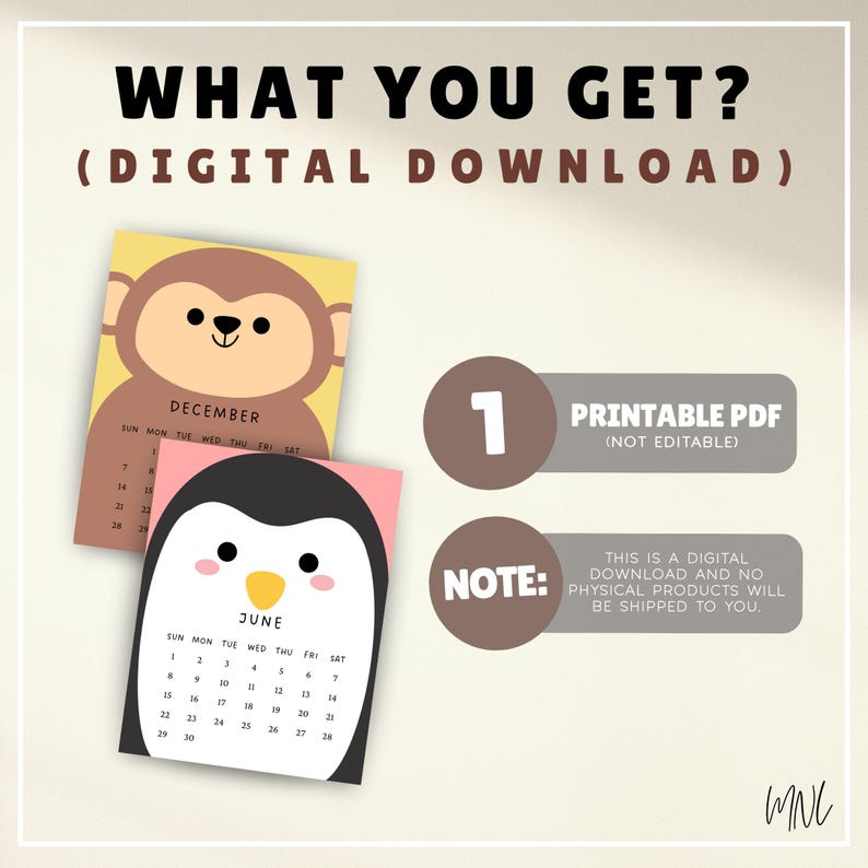 Puede incluir: Descarga digital con dos calendarios con tem&aacute;tica de animales. Un calendario es para diciembre con un gr&aacute;fico de mono, y el otro es para junio con un gr&aacute;fico de ping&uuml;ino. La imagen incluye el texto "PDF imprimible" y "Descarga digital".