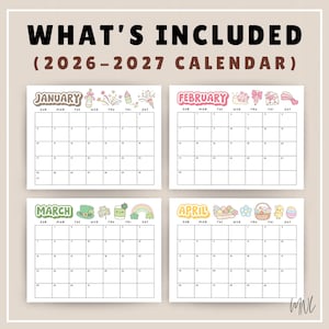 May include: A 2026-2027 calendar set featuring four monthly grid pages for January, February, March, and April. Each page displays a month name in a bubble font with seasonal illustrations like fireworks, hearts, shamrocks, and Easter eggs.