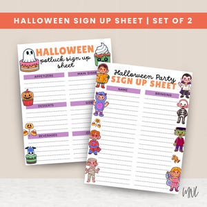 May include: Two Halloween-themed sign-up sheets. One is a potluck sign-up sheet, and the other is a party sign-up sheet. Both sheets have a white background with purple and orange accents and feature cartoon illustrations of Halloween characters.