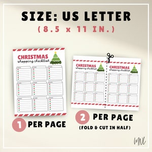 K&ouml;nnte beinhalten: Druckbare Weihnachts-Einkaufsliste mit einem festlichen gr&uuml;nen Weihnachtsbaum-Design. Die Liste ist f&uuml;r den Druck auf US-Letter-Papier (8,5 x 11 Zoll) konzipiert und kann als Einzelblatt verwendet oder zur Erstellung von zwei Listen pro Seite in der Mitte gefaltet werden.