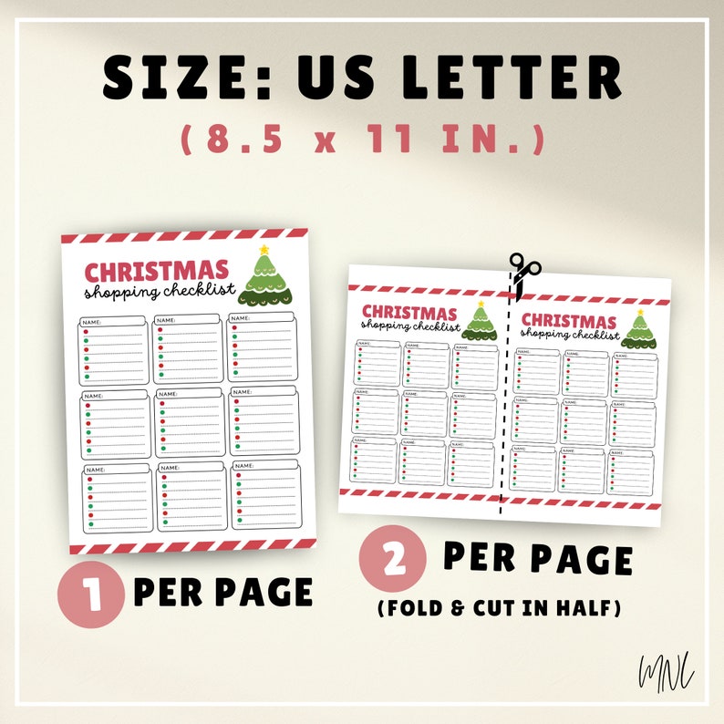 K&ouml;nnte beinhalten: Druckbare Weihnachts-Einkaufsliste mit einem festlichen gr&uuml;nen Weihnachtsbaum-Design. Die Liste ist f&uuml;r den Druck auf US-Letter-Papier (8,5 x 11 Zoll) konzipiert und kann als Einzelblatt verwendet oder zur Erstellung von zwei Listen pro Seite in der Mitte gefaltet werden.