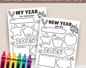 New Year’s Resolution Printable for Kids – Year in Review and Goals for the Year, New Year’s Coloring Page, Kids New Year’s Activity PDF