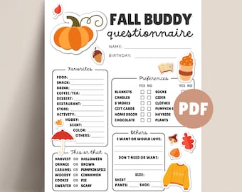 May include: A printable questionnaire with a fall theme. The questionnaire asks about favorite foods, drinks, activities, and preferences. It also includes a "this or that" section with fall-themed options.