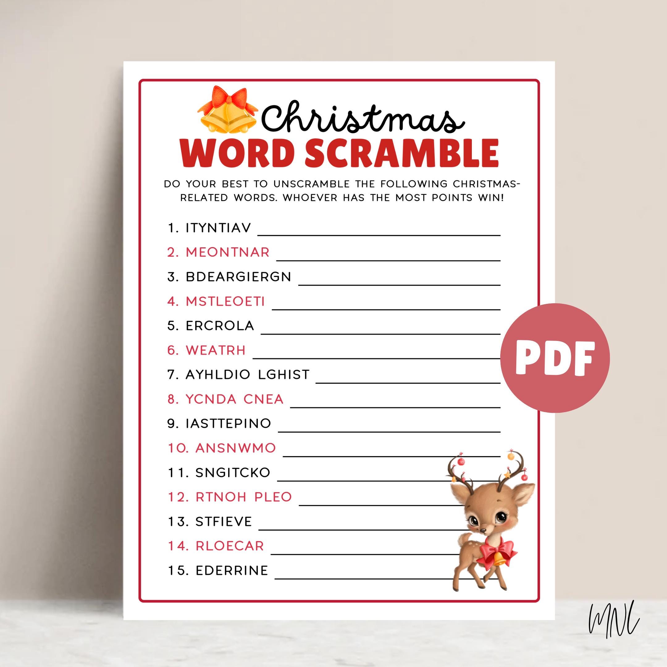 Christmas Word Scramble Game for Christmas Party Game Printable