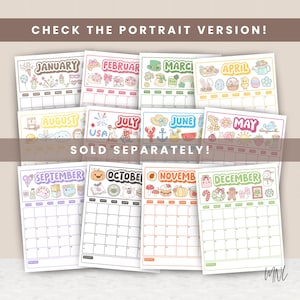 May include: A collection of twelve monthly calendar pages featuring colorful, hand-drawn illustrations for each month, including seasonal icons like fireworks, flowers, pumpkins, and holiday motifs. The text reads CHECK THE PORTRAIT VERSION! SOLD SEPARATELY!