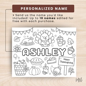 May include: Black and white Thanksgiving-themed coloring page with the name "ASHLEY" in large letters. The page includes illustrations of a turkey, pumpkin, pie, and other festive elements. Text at the top reads "PERSONALIZED NAME".