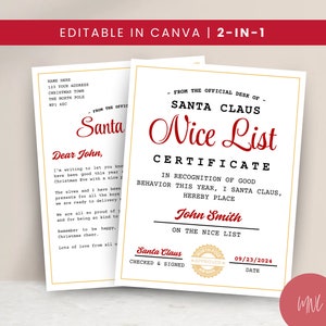 Paquete de certificado de lista de buenos deseos para la caja de Nochebuena, carta de Papá Noel al Polo Norte, plantilla editable de Canva