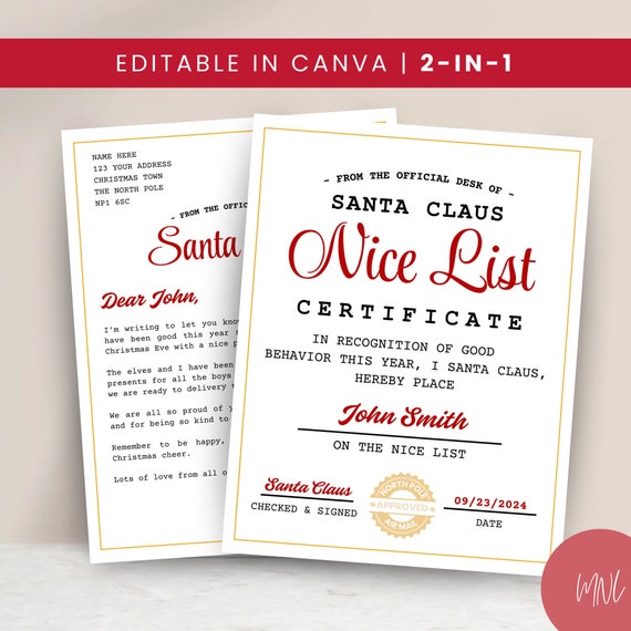 Letter From Santa Nice List Certificate Bundle for Christmas Eve Box, Santa Clause Letter North Pole Letter Santa Editable Template in Canva