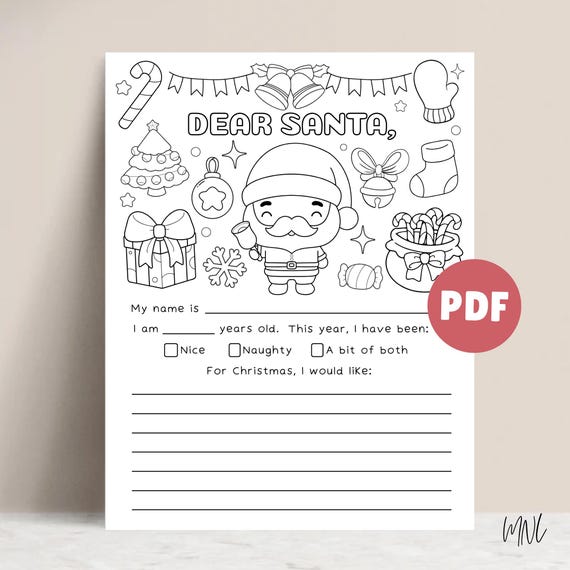 Letter to Santa Coloring Page Printable Christmas Wish List, Dear Santa Letter for Kids Christmas Activity, Christmas Coloring Printable PDF