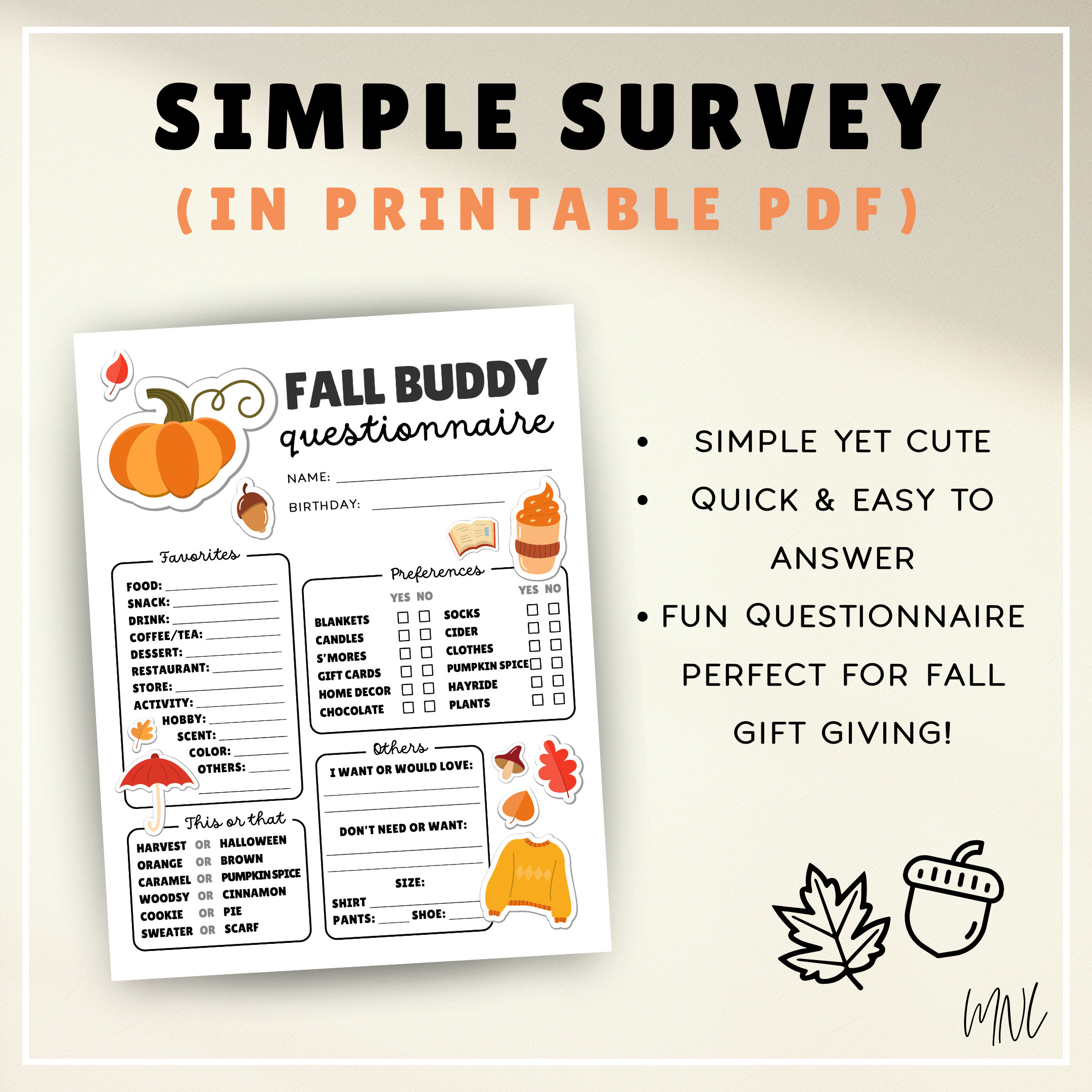 Fall Questionnaire for Fall Gift Exchange, Fall Buddy Questionnaire ...