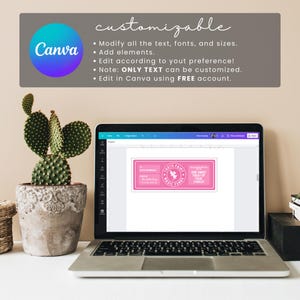 Pode incluir: Um laptop exibe um design de certificado rosa de Fundos M&aacute;gicos da Fada do Dente. A imagem inclui um cacto em um vaso decorativo e texto que diz "personaliz&aacute;vel" e "Edite no Canva usando uma conta GRATUITA."