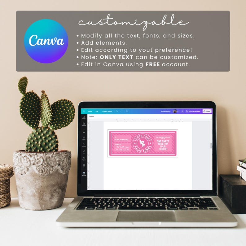 Pode incluir: Um laptop exibe um design de certificado rosa de Fundos M&aacute;gicos da Fada do Dente. A imagem inclui um cacto em um vaso decorativo e texto que diz "personaliz&aacute;vel" e "Edite no Canva usando uma conta GRATUITA."