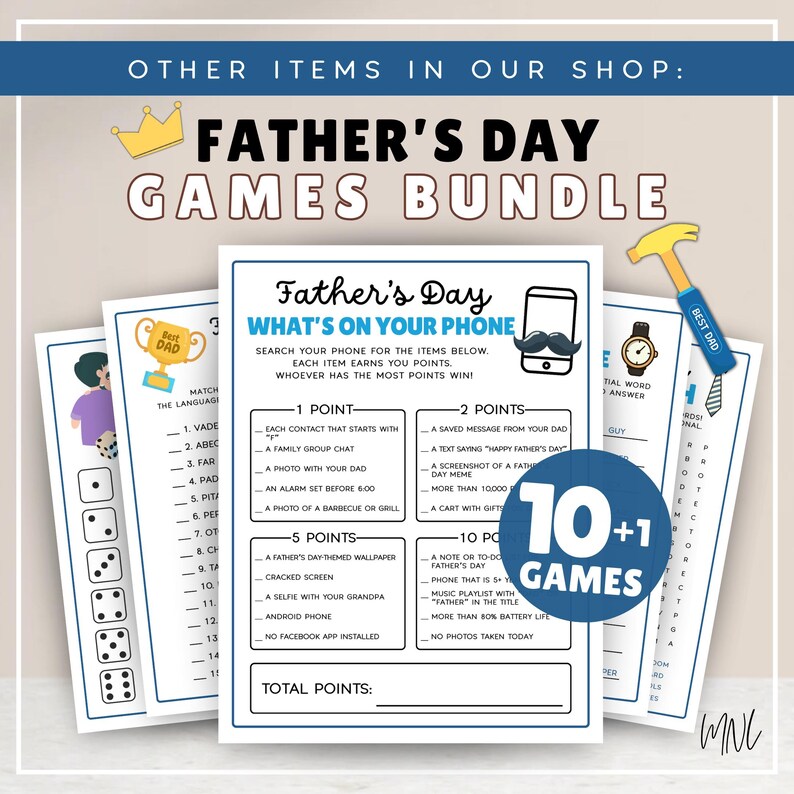 Puede incluir: Un paquete de juegos para el D&iacute;a del Padre con m&aacute;s de 10 juegos. Los juegos est&aacute;n dise&ntilde;ados para jugarse con un tel&eacute;fono. Los juegos incluyen "What's on Your Phone", "Match the Language", "Best Dad" y "Initial Word Answer".