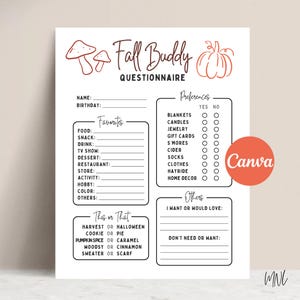 Könnte beinhalten: Ein weißer Papierfragebogen mit dem Titel Fall Buddy Questionnaire mit braunen Strichzeichnungen von Pilzen und einem Kürbis. Er enthält Abschnitte für Favoriten, Präferenzen mit Ja-Nein-Ankreuzfeldern, Auswahlmöglichkeiten und Notizen.