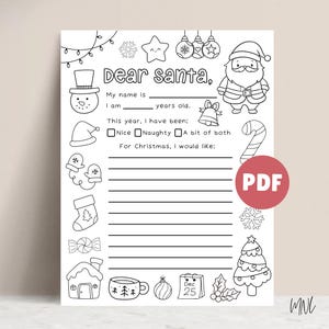 Lettera a Babbo Natale da colorare, stampabile, lista dei desideri di Natale, lettera di Babbo Natale per bambini, attività natalizia, PDF stampabile da colorare di Natale