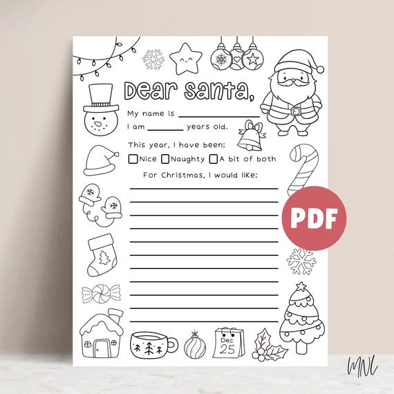 Letter to Santa Coloring Page Printable Christmas Wish List, Dear Santa Letter for Kids Christmas Activity, Christmas Coloring Printable PDF