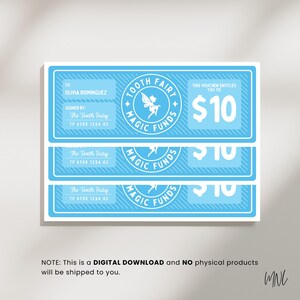 Pode incluir: Vales azul claro da Tooth Fairy Magic Funds. Cada vale tem um logotipo circular com uma fada e o texto "Tooth Fairy Magic Funds". Os vales s&atilde;o de $10 e incluem espa&ccedil;o para um nome e uma assinatura.