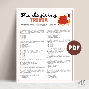 Thanksgiving Trivia Game for Thanksgiving Party, Printable Thanksgiving Game, Thanksgiving Quiz, Turkey Trivia Questions, Friendsgiving Game