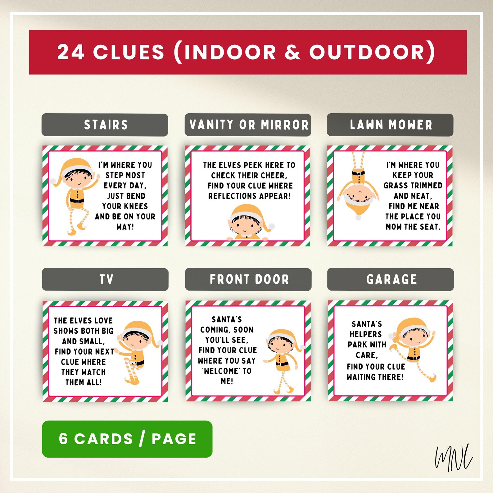 Christmas Scavenger Hunt Cards for Kids, Elf Scavenger Hunt 24 Clues ...
