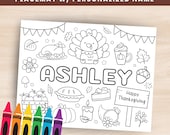 Thanksgiving Coloring Placemat with Personalized Name, Printable Placemat for Kids Thanksgiving Dinner, Kids Placemat Thanksgiving Activity