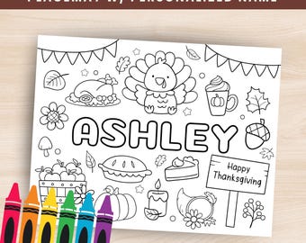 Thanksgiving Coloring Placemat with Personalized Name, Printable Placemat for Kids Thanksgiving Dinner, Kids Placemat Thanksgiving Activity
