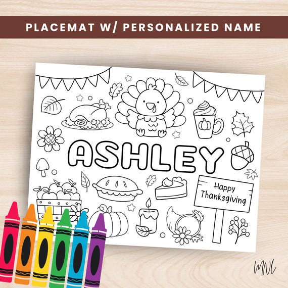 Thanksgiving Coloring Placemat with Personalized Name, Printable Placemat for Kids Thanksgiving Dinner, Kids Placemat Thanksgiving Activity