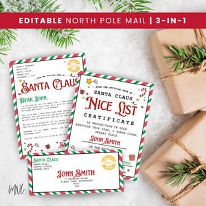Può includere: Un set a tema natalizio con una lettera di Babbo Natale, un certificato della Lista dei buoni e una busta. I disegni includono bordi rossi e verdi, illustrazioni festive e il testo "EDITABLE NORTH POLE MAIL | 3-IN-1".
