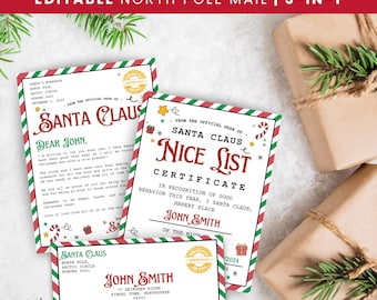 Paquete de correo del Polo Norte: Carta editable de Papá Noel, certificado oficial de la lista de buenos amigos y plantilla editable para envolver sobres de Nochebuena.
