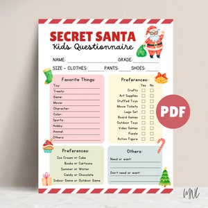 Cuestionario de amigo secreto para niños Ideas para listas de regalos de intercambio de regalos para fiestas navideñas Encuesta de regalos de amigo secreto Formulario de amigo secreto imprimible