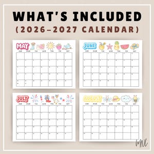 May include: A 2026-2027 calendar featuring four monthly pages for May, June, July, and August. Each page displays a grid for dates with colorful, cartoon-style illustrations of seasonal items like flowers, fruit, insects, and holiday icons.