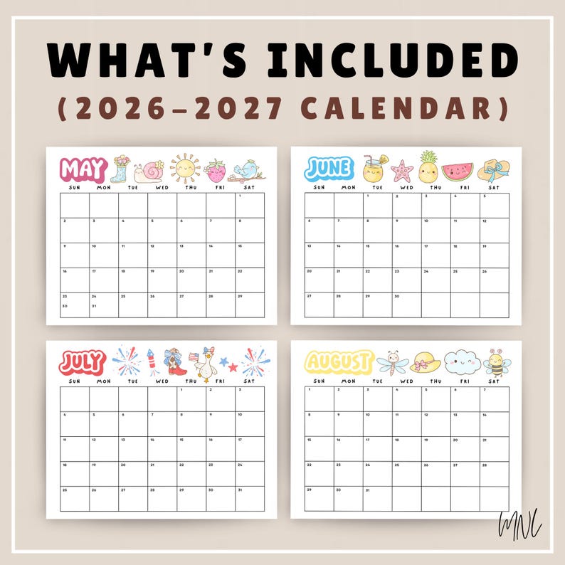 May include: A 2026-2027 calendar featuring four monthly pages for May, June, July, and August. Each page displays a grid for dates with colorful, cartoon-style illustrations of seasonal items like flowers, fruit, insects, and holiday icons.