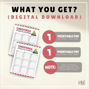K&ouml;nnte beinhalten: Zwei druckbare Weihnachts-Einkaufslisten mit einem rot-wei&szlig; gestreiften Hintergrund. Die Listen zeigen einen gr&uuml;nen Weihnachtsbaum mit wei&szlig;en Lichtern und einem roten Stern oben. Der Text "CHRISTMAS shopping checklist" ist in Schwarz auf wei&szlig;em Hintergrund gedruckt. Die Listen sind in zwei Gr&ouml;&szlig;en erh&auml;ltlich: Vollformat und Halbformat. Der Text "HINWEIS: DIES IST EIN DIGITALER DOWNLOAD UND ES WERDEN KEINE PHYSIKALISCHEN PRODUKTE VERSANDT." ist in Schwarz auf wei&szlig;em Hintergrund gedruckt.