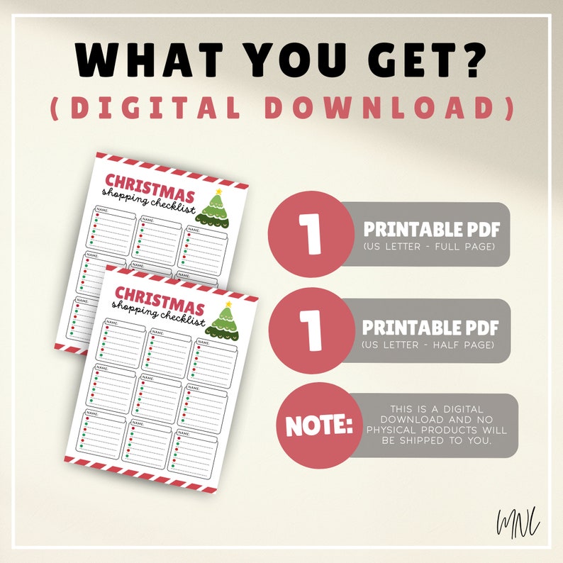 K&ouml;nnte beinhalten: Zwei druckbare Weihnachts-Einkaufslisten mit einem rot-wei&szlig; gestreiften Hintergrund. Die Listen zeigen einen gr&uuml;nen Weihnachtsbaum mit wei&szlig;en Lichtern und einem roten Stern oben. Der Text "CHRISTMAS shopping checklist" ist in Schwarz auf wei&szlig;em Hintergrund gedruckt. Die Listen sind in zwei Gr&ouml;&szlig;en erh&auml;ltlich: Vollformat und Halbformat. Der Text "HINWEIS: DIES IST EIN DIGITALER DOWNLOAD UND ES WERDEN KEINE PHYSIKALISCHEN PRODUKTE VERSANDT." ist in Schwarz auf wei&szlig;em Hintergrund gedruckt.