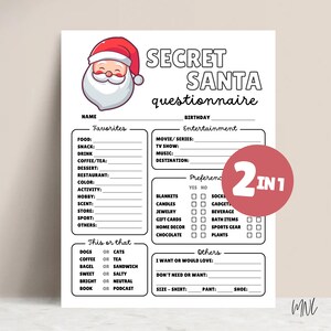 May include: A printable Secret Santa questionnaire with a cartoon Santa Claus at the top. The questionnaire asks for the recipient's favorite food, snack, drink, coffee or tea, dessert, restaurant, color, activity, hobby, scent, store, sport, and other favorites. It also asks for their birthday, movie or series, TV show, music, and destination. The questionnaire includes a section for preferences, asking if the recipient prefers blankets, candles, jewelry, gift cards, home decor, or chocolate. It also asks if they prefer socks, gadgets, beverages, bath items, sports gear, or plants. The questionnaire includes a "This or That" section, asking if the recipient prefers dogs or cats, coffee or tea, bagel or sandwich, sweet or salty, bright or neutral, and book or podcast. The questionnaire also includes a section for "Others", asking for what the recipient wants or would love, and what they don't need or want. The questionnaire also asks for the recipient's size in shirt, pants, and shoes.